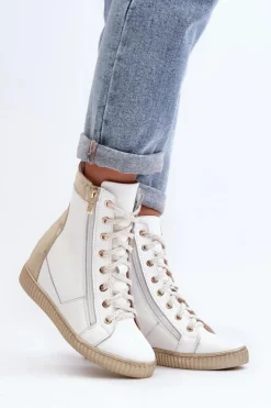 Zazoo 3081 Skórzane Trampki Damskie Na Koturnie Białe