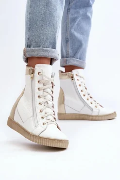 Zazoo 3081 Skórzane Trampki Damskie Na Koturnie Białe