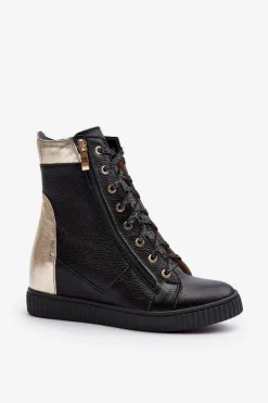 Hot Zazoo 3081 Skórzane Trampki Damskie Na Koturnie Czarne Czarny