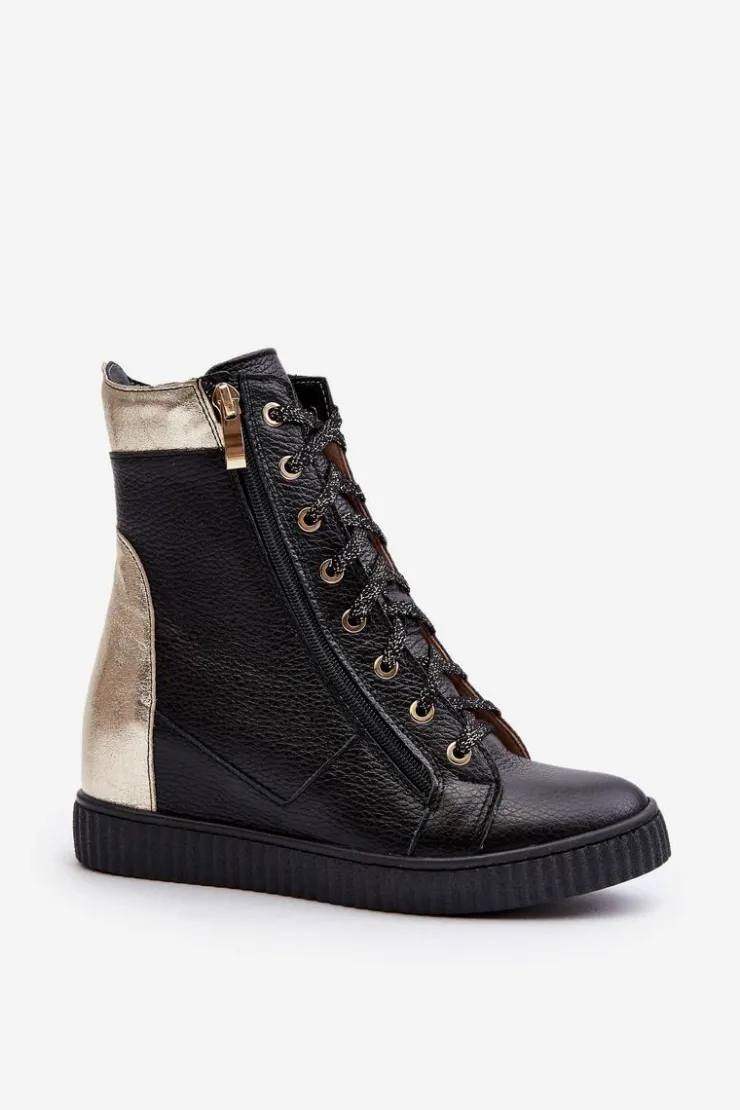 Hot Zazoo 3081 Skórzane Trampki Damskie Na Koturnie Czarne Czarny