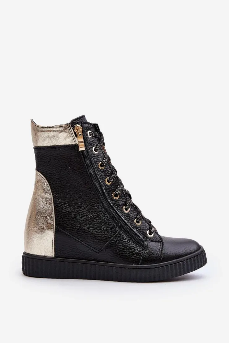 Hot Zazoo 3081 Skórzane Trampki Damskie Na Koturnie Czarne Czarny