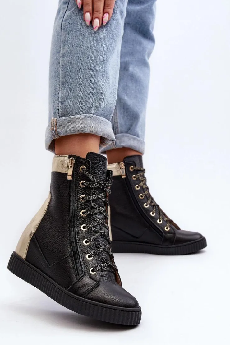 Hot Zazoo 3081 Skórzane Trampki Damskie Na Koturnie Czarne Czarny