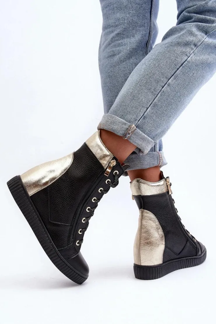 Hot Zazoo 3081 Skórzane Trampki Damskie Na Koturnie Czarne Czarny