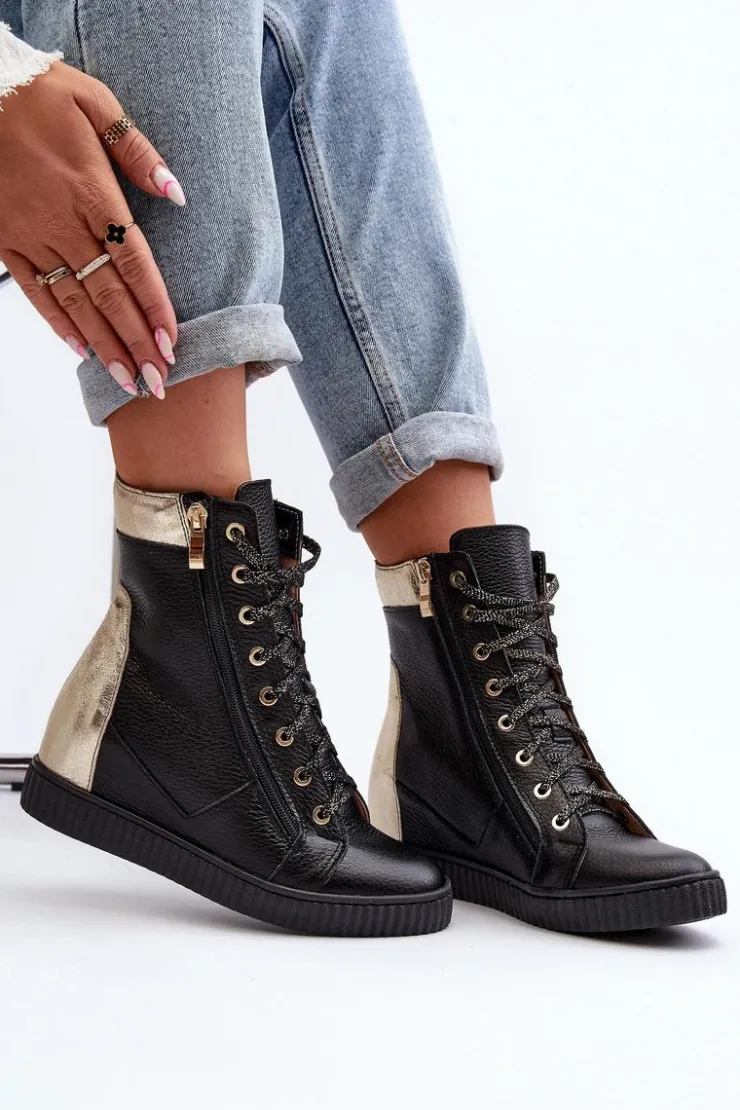 Hot Zazoo 3081 Skórzane Trampki Damskie Na Koturnie Czarne Czarny