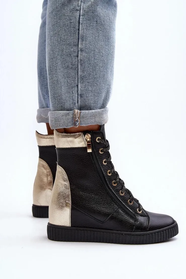 Hot Zazoo 3081 Skórzane Trampki Damskie Na Koturnie Czarne Czarny