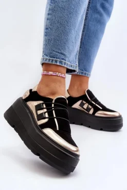 New Zazoo 1833 Sneakersy Damskie Skórzane Na Masywnej Podeszwie Czarne