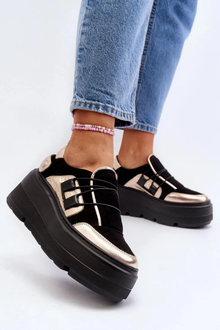 New Zazoo 1833 Sneakersy Damskie Skórzane Na Masywnej Podeszwie Czarne