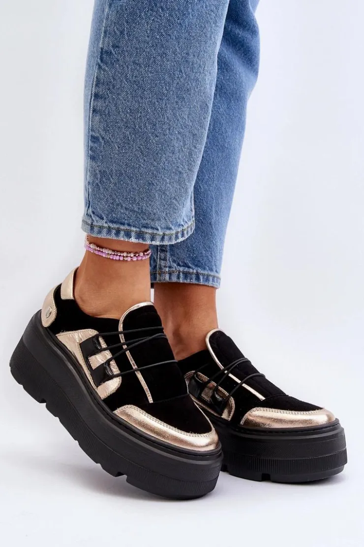 New Zazoo 1833 Sneakersy Damskie Skórzane Na Masywnej Podeszwie Czarne