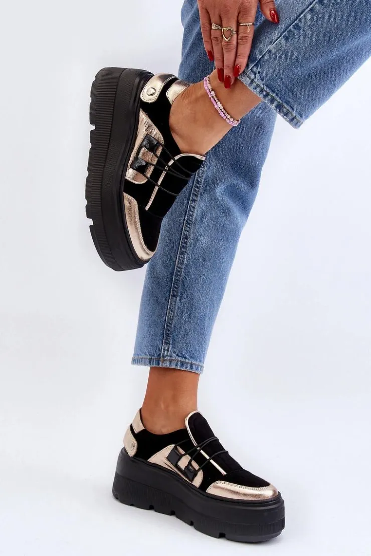 New Zazoo 1833 Sneakersy Damskie Skórzane Na Masywnej Podeszwie Czarne