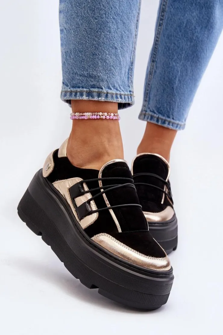 New Zazoo 1833 Sneakersy Damskie Skórzane Na Masywnej Podeszwie Czarne