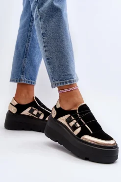 New Zazoo 1833 Sneakersy Damskie Skórzane Na Masywnej Podeszwie Czarne