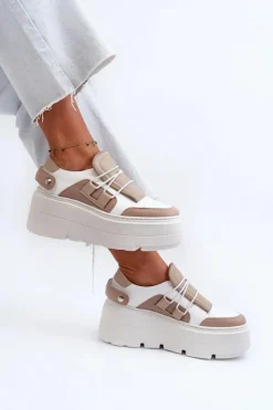 Zazoo Buty Sportowe Na Platformie*1833 Sneakersy Damskie Skórzane Na Masywnej Podeszwie Beżowo-Białe Beżowy