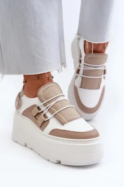 Zazoo Buty Sportowe Na Platformie*1833 Sneakersy Damskie Skórzane Na Masywnej Podeszwie Beżowo-Białe Beżowy