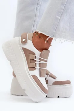 Zazoo Buty Sportowe Na Platformie*1833 Sneakersy Damskie Skórzane Na Masywnej Podeszwie Beżowo-Białe Beżowy