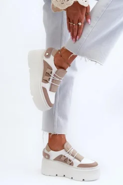 Zazoo Buty Sportowe Na Platformie*1833 Sneakersy Damskie Skórzane Na Masywnej Podeszwie Beżowo-Białe Beżowy