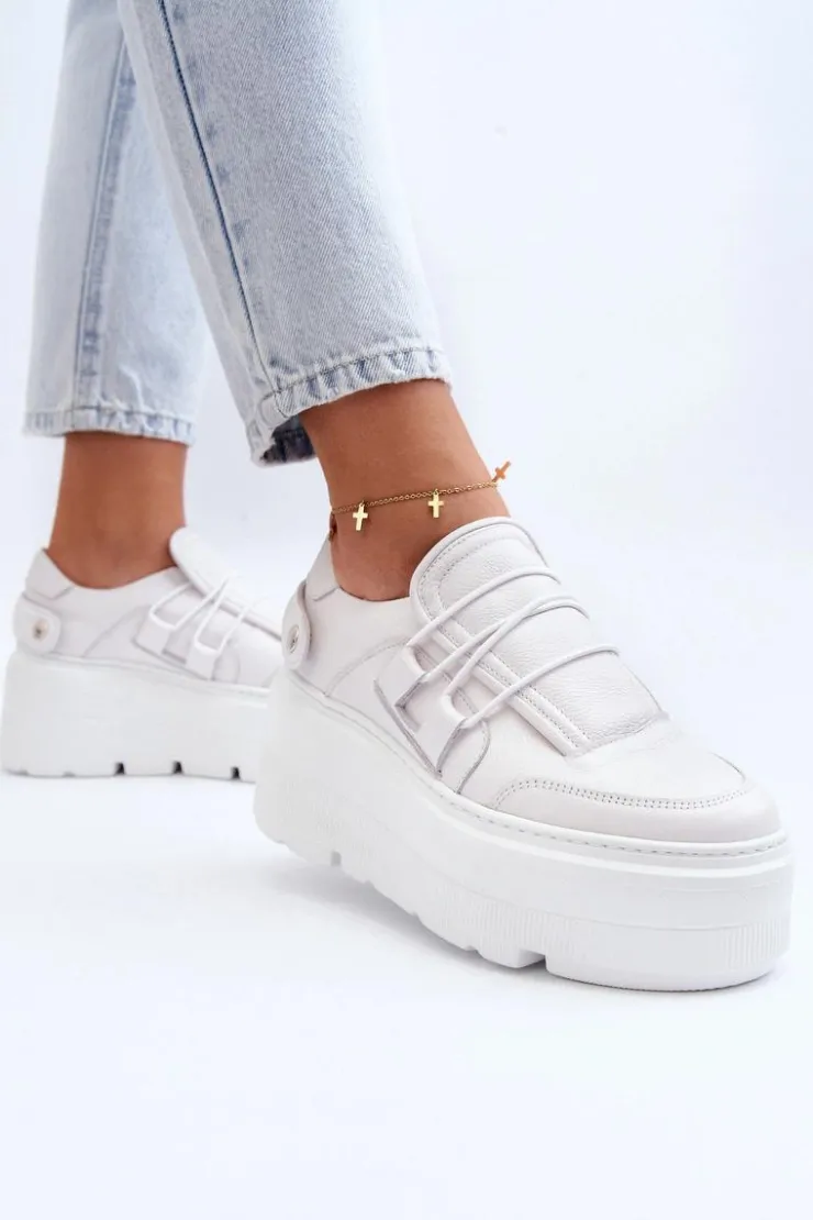 Zazoo Buty Sportowe Na Platformie*1833 Sneakersy Damskie Skórzane Na Masywnej Podeszwie Białe