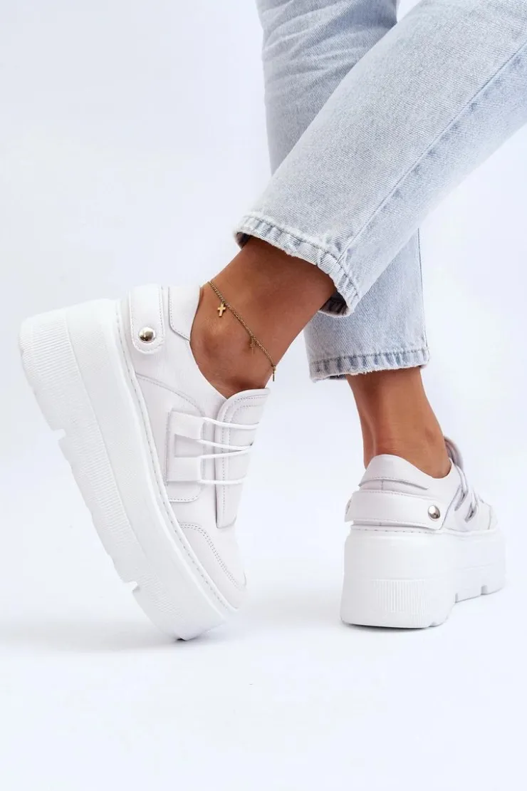 Zazoo Buty Sportowe Na Platformie*1833 Sneakersy Damskie Skórzane Na Masywnej Podeszwie Białe