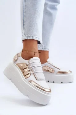 Zazoo Buty Sportowe Na Platformie*1833 Sneakersy Damskie Skórzane Na Masywnej Podeszwie Biało-Złote