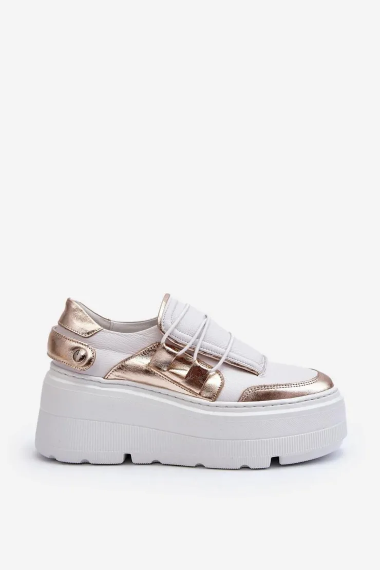 Zazoo Buty Sportowe Na Platformie*1833 Sneakersy Damskie Skórzane Na Masywnej Podeszwie Biało-Złote