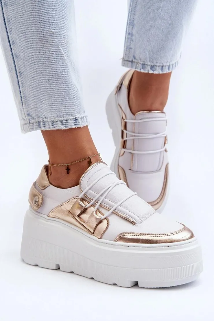 Zazoo Buty Sportowe Na Platformie*1833 Sneakersy Damskie Skórzane Na Masywnej Podeszwie Biało-Złote