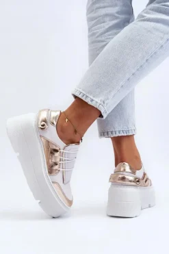 Zazoo Buty Sportowe Na Platformie*1833 Sneakersy Damskie Skórzane Na Masywnej Podeszwie Biało-Złote