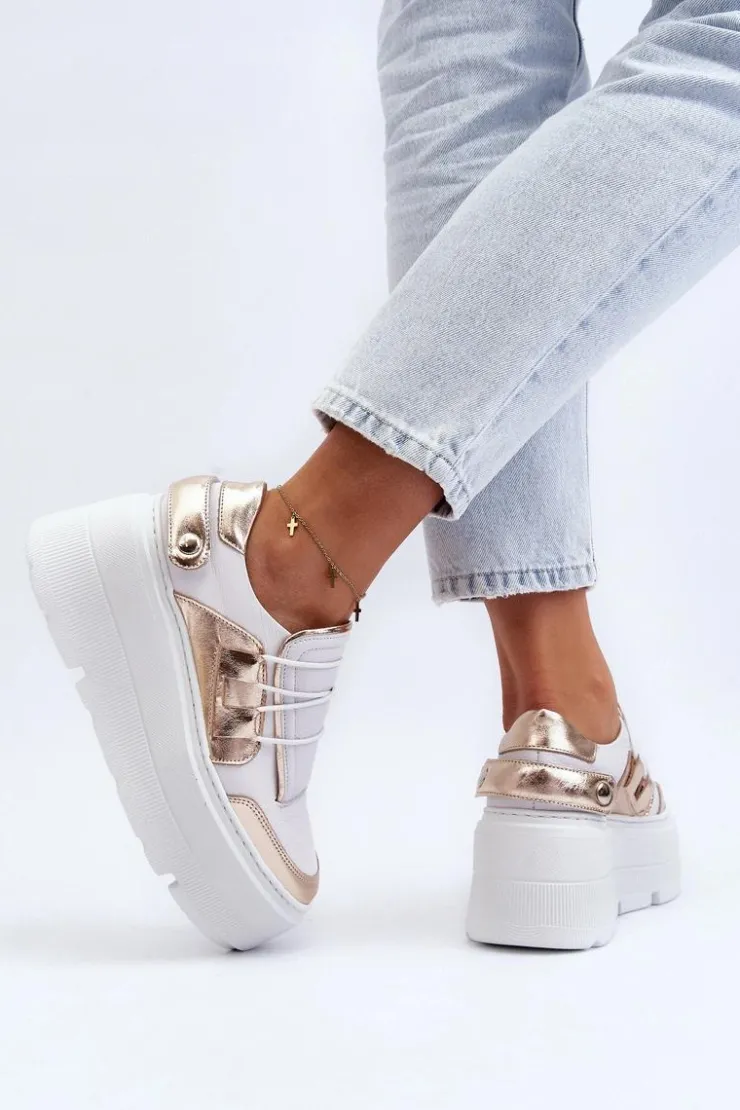 Zazoo Buty Sportowe Na Platformie*1833 Sneakersy Damskie Skórzane Na Masywnej Podeszwie Biało-Złote