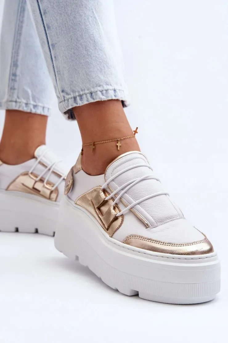 Zazoo Buty Sportowe Na Platformie*1833 Sneakersy Damskie Skórzane Na Masywnej Podeszwie Biało-Złote