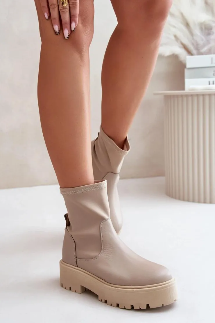 Damskie Zazoo 2947 Wsuwane Botki Damskie Ze Skóry Naturalnej Beżowe