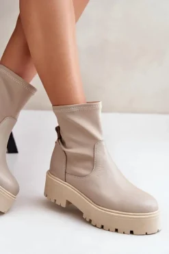 Damskie Zazoo 2947 Wsuwane Botki Damskie Ze Skóry Naturalnej Beżowe