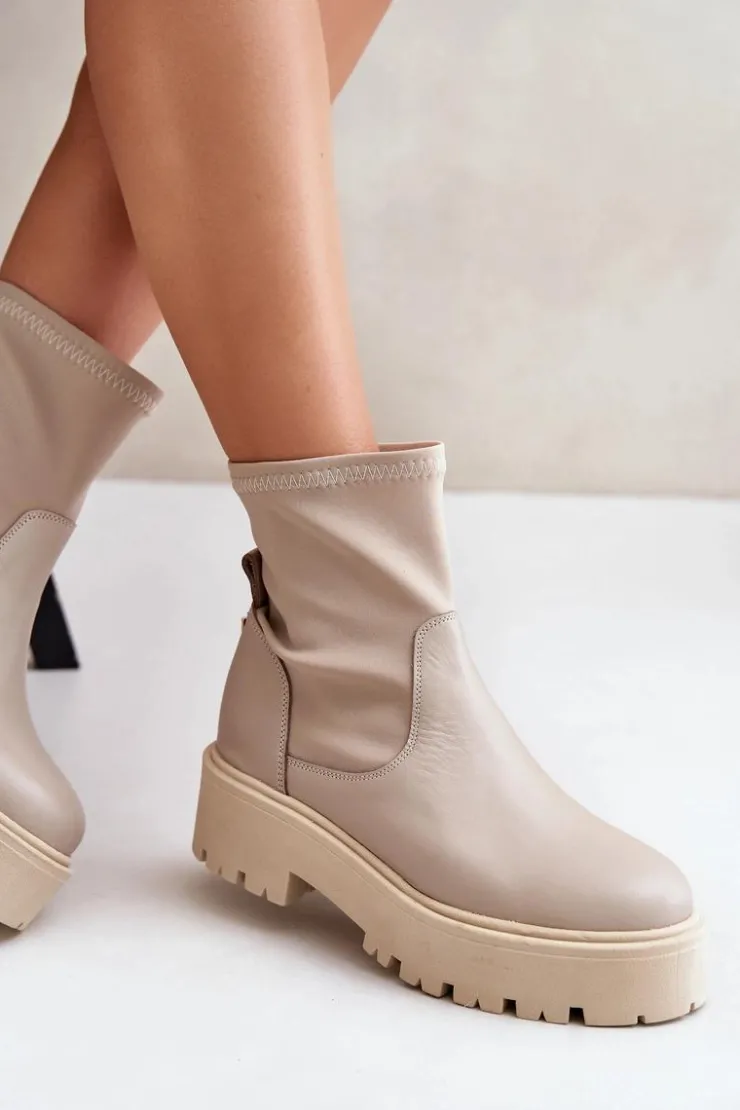 Damskie Zazoo 2947 Wsuwane Botki Damskie Ze Skóry Naturalnej Beżowe