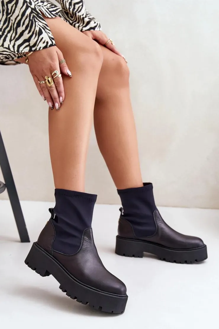 Zazoo Botki Wiosenne|Czarne Botki*2947 Wsuwane Botki Damskie Ze Skóry Naturalnej Czarne Czarny