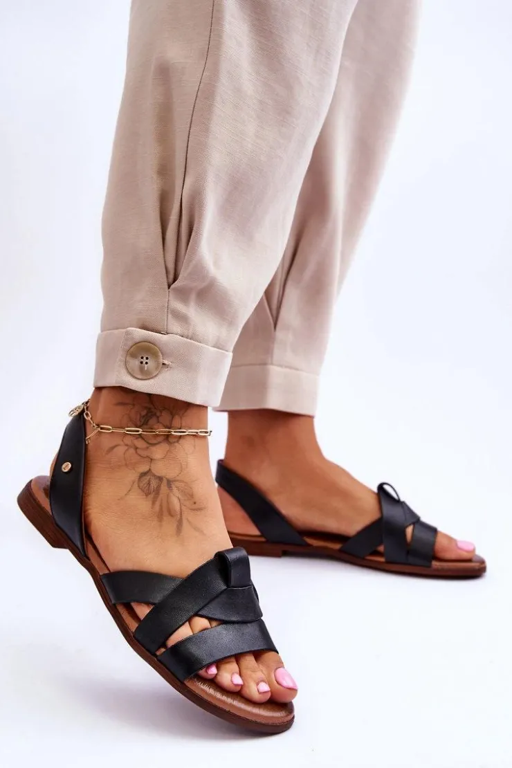 Zazoo Sandały Płaskie*40185 Wygodne Skórzane Wsuwane Sandały Czarne Czarny