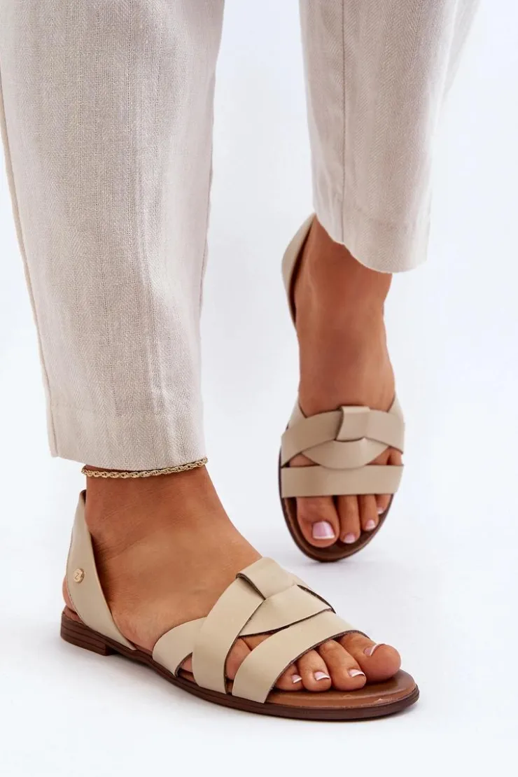 Zazoo Sandały Płaskie*40185 Wygodne Skórzane Wsuwane Sandały Beżowe Beżowy