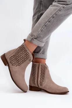 Zazoo Botki Wiosenne|Botki Skórzane*2791 Zamszowe Ażurowe Botki Beżowe