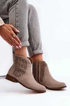 Zazoo Botki Wiosenne|Botki Skórzane*2791 Zamszowe Ażurowe Botki Beżowe