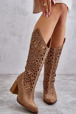 Best Zazoo 3234 Zamszowe Ażurowe Kozaki Ciemnobeżowe