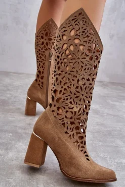 Best Zazoo 3234 Zamszowe Ażurowe Kozaki Ciemnobeżowe