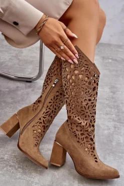 Best Zazoo 3234 Zamszowe Ażurowe Kozaki Ciemnobeżowe