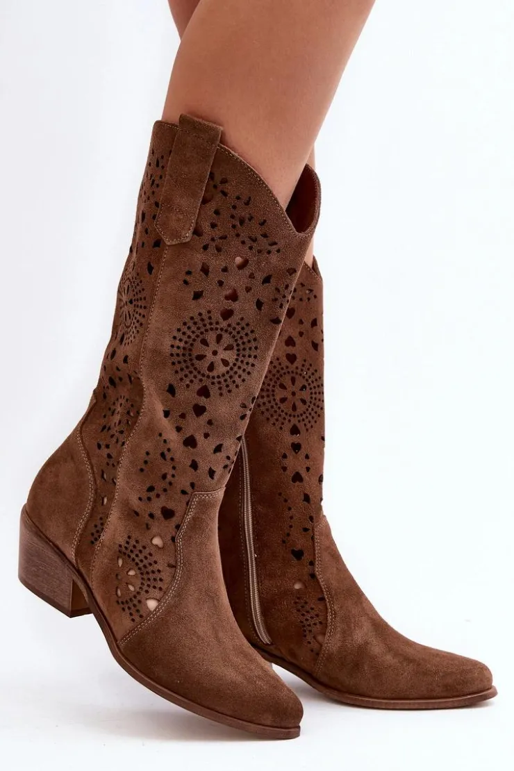 Damskie Boto Zazoo 3396 Zamszowe Ażurowe Kozaki Do Połowy Łydki Brązowe