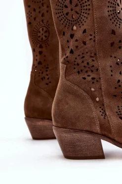 Damskie Boto Zazoo 3396 Zamszowe Ażurowe Kozaki Do Połowy Łydki Brązowe
