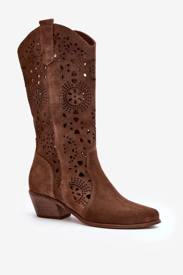 Damskie Boto Zazoo 3396 Zamszowe Ażurowe Kozaki Do Połowy Łydki Brązowe