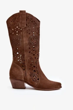 Damskie Boto Zazoo 3396 Zamszowe Ażurowe Kozaki Do Połowy Łydki Brązowe