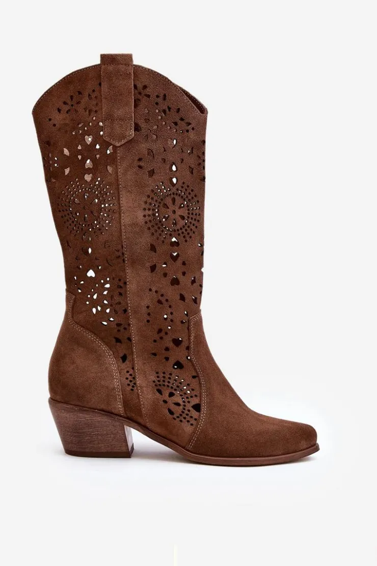 Damskie Boto Zazoo 3396 Zamszowe Ażurowe Kozaki Do Połowy Łydki Brązowe