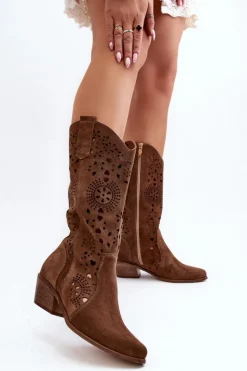Damskie Boto Zazoo 3396 Zamszowe Ażurowe Kozaki Do Połowy Łydki Brązowe