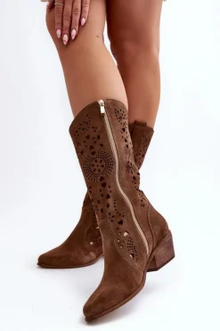 Damskie Boto Zazoo 3396 Zamszowe Ażurowe Kozaki Do Połowy Łydki Brązowe
