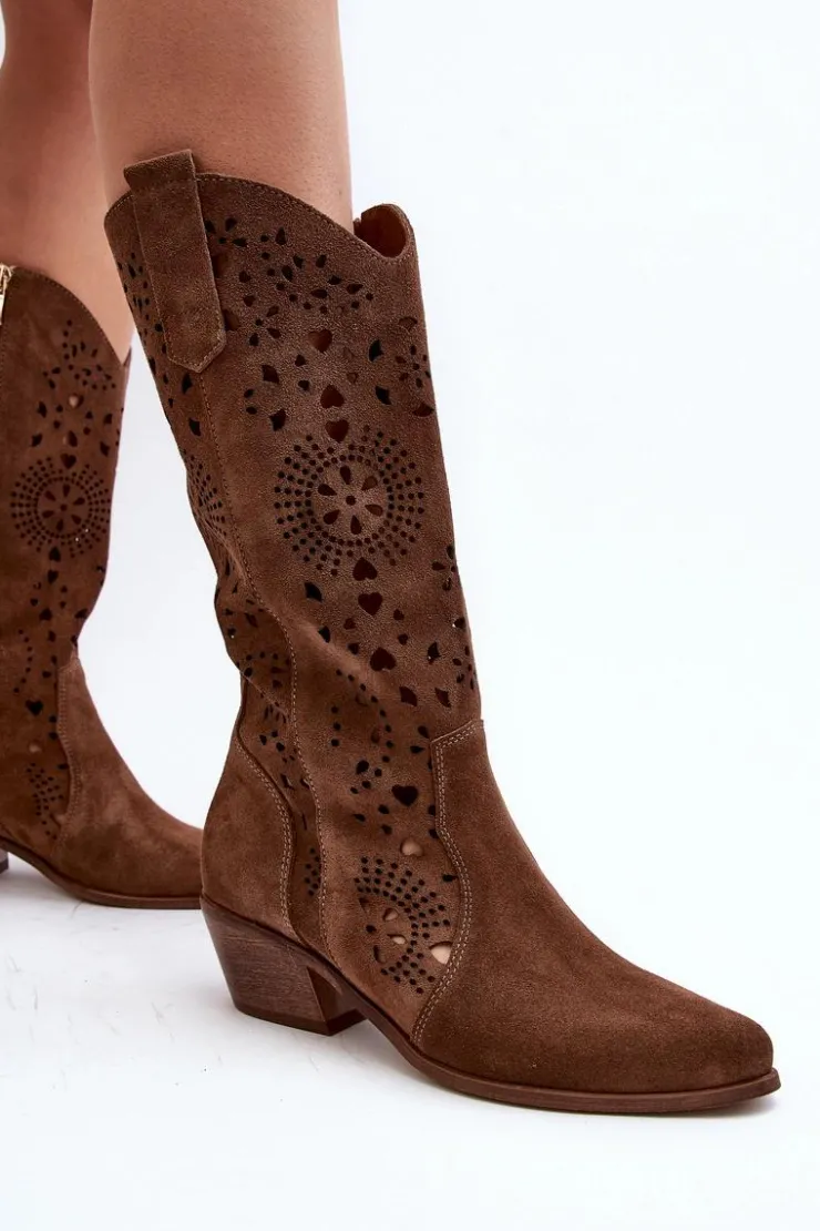 Damskie Boto Zazoo 3396 Zamszowe Ażurowe Kozaki Do Połowy Łydki Brązowe
