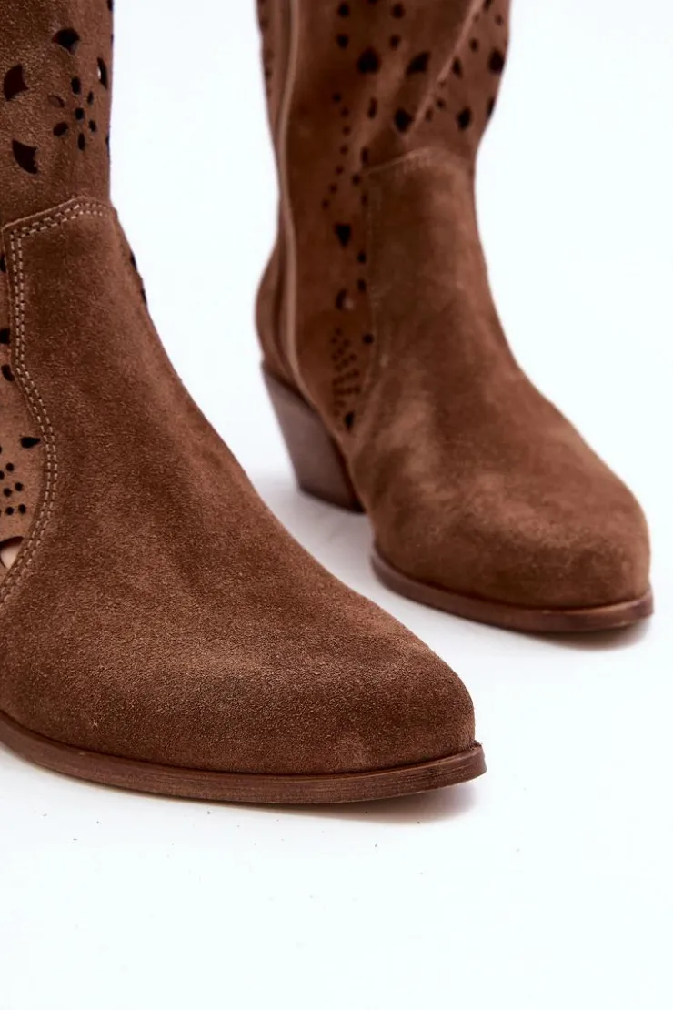 Damskie Boto Zazoo 3396 Zamszowe Ażurowe Kozaki Do Połowy Łydki Brązowe