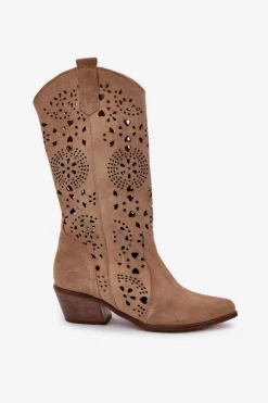 Discount Boto Zazoo 3396 Zamszowe Ażurowe Kozaki Do Połowy Łydki Beżowe