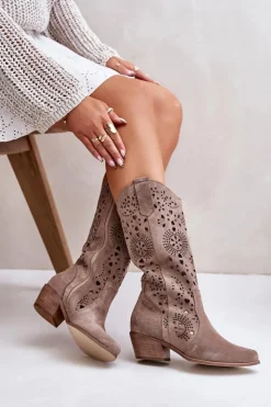 Boto Kozaki Wiosenne|Kozaki Ażurowe*Zazoo 3396 Zamszowe Ażurowe Kozaki Do Połowy Łydki Ciemnobeżowe