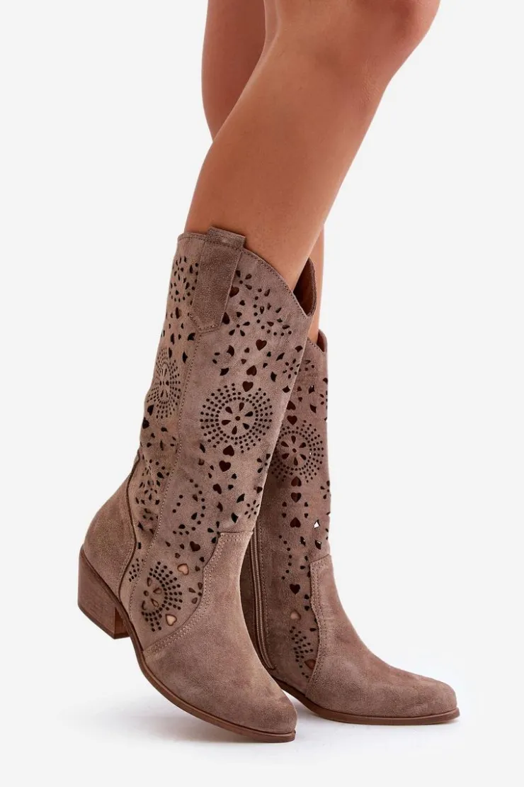 Boto Kozaki Wiosenne|Kozaki Ażurowe*Zazoo 3396 Zamszowe Ażurowe Kozaki Do Połowy Łydki Ciemnobeżowe